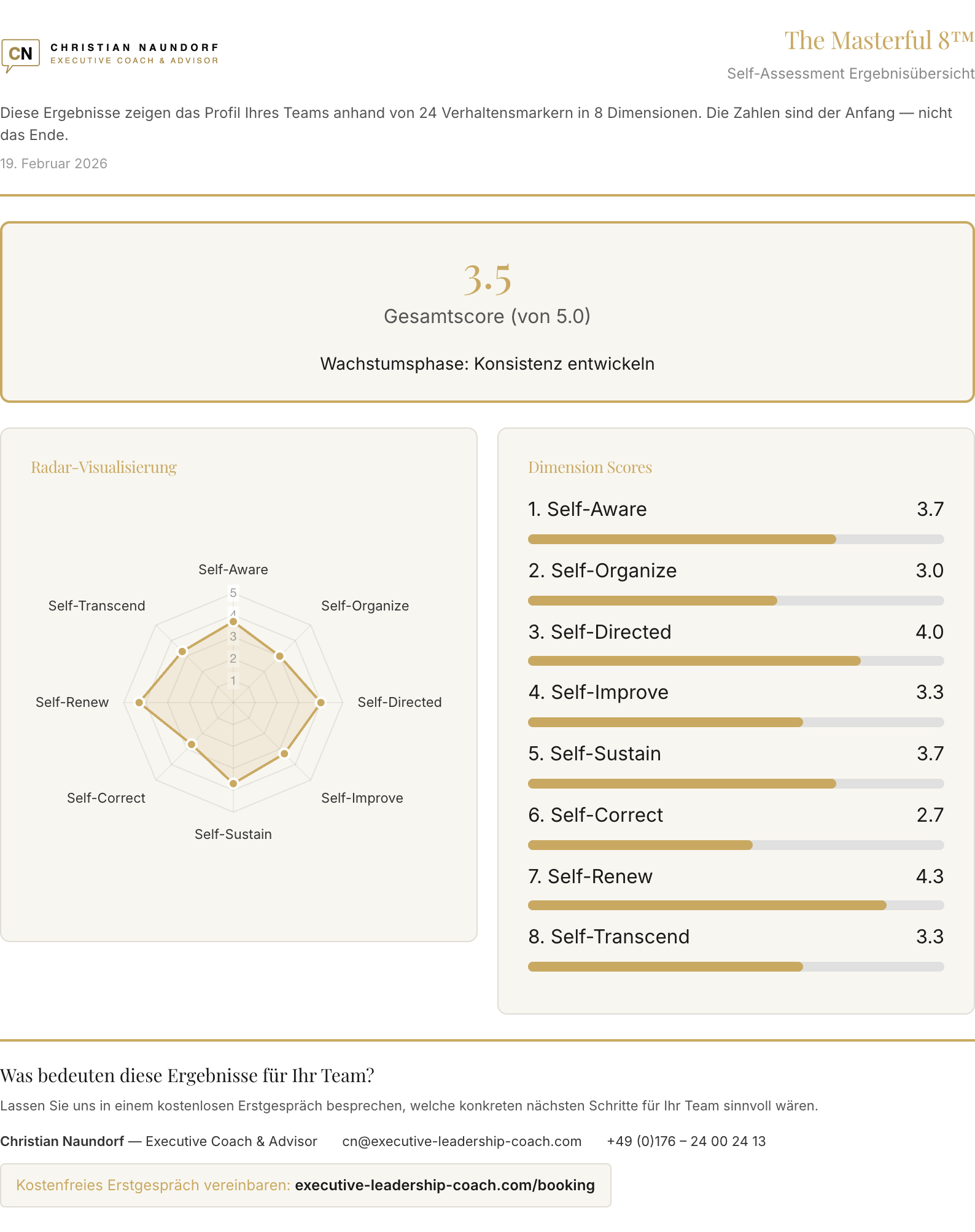 Masterful 8™ Self-Assessment results overview — Radar visualization and Dimension Scores